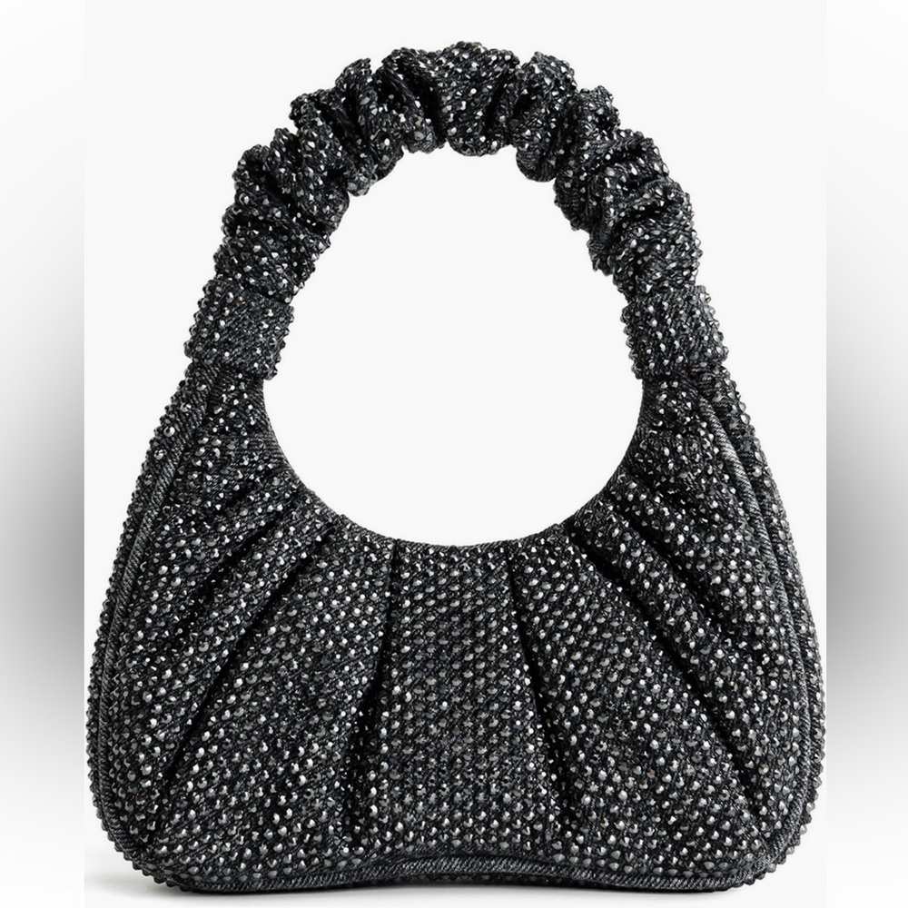 JW PEI Black Glam Gabi Rhinestone Black Ruched Textured Hobo Shoulder Bag::NWT:: - Picture 2 of 11